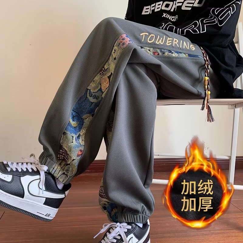 秋冬加绒加厚运动裤大码中性情侣小熊卫裤中国风男女休闲裤束脚裤