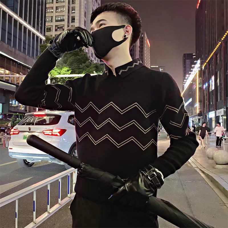 2024新款假两件毛衣男士潮流内搭打底衫线衣痞帅针织衫外套休长袖