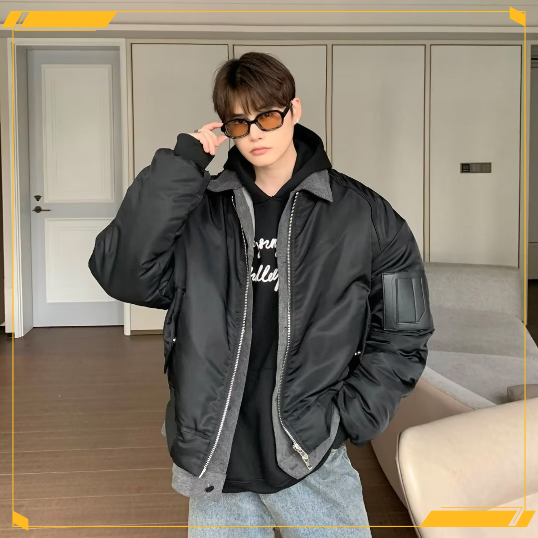 美式复古假两件设计感翻领棉服外套男宽松冬季棉衣加厚飞行棒球服