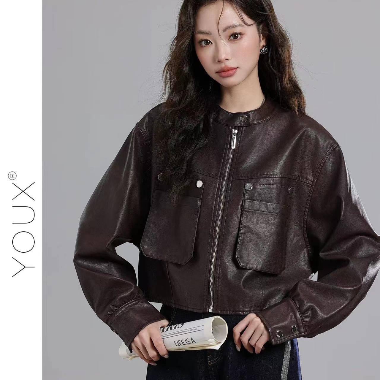 复古扎染皮衣外套女立机车服2024秋季新款小个子夹克短款上衣潮｜