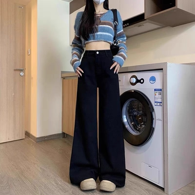 【秋季新款】黑色高腰微喇阔腿牛仔裤女2025新款宽松垂感不贴腿裤