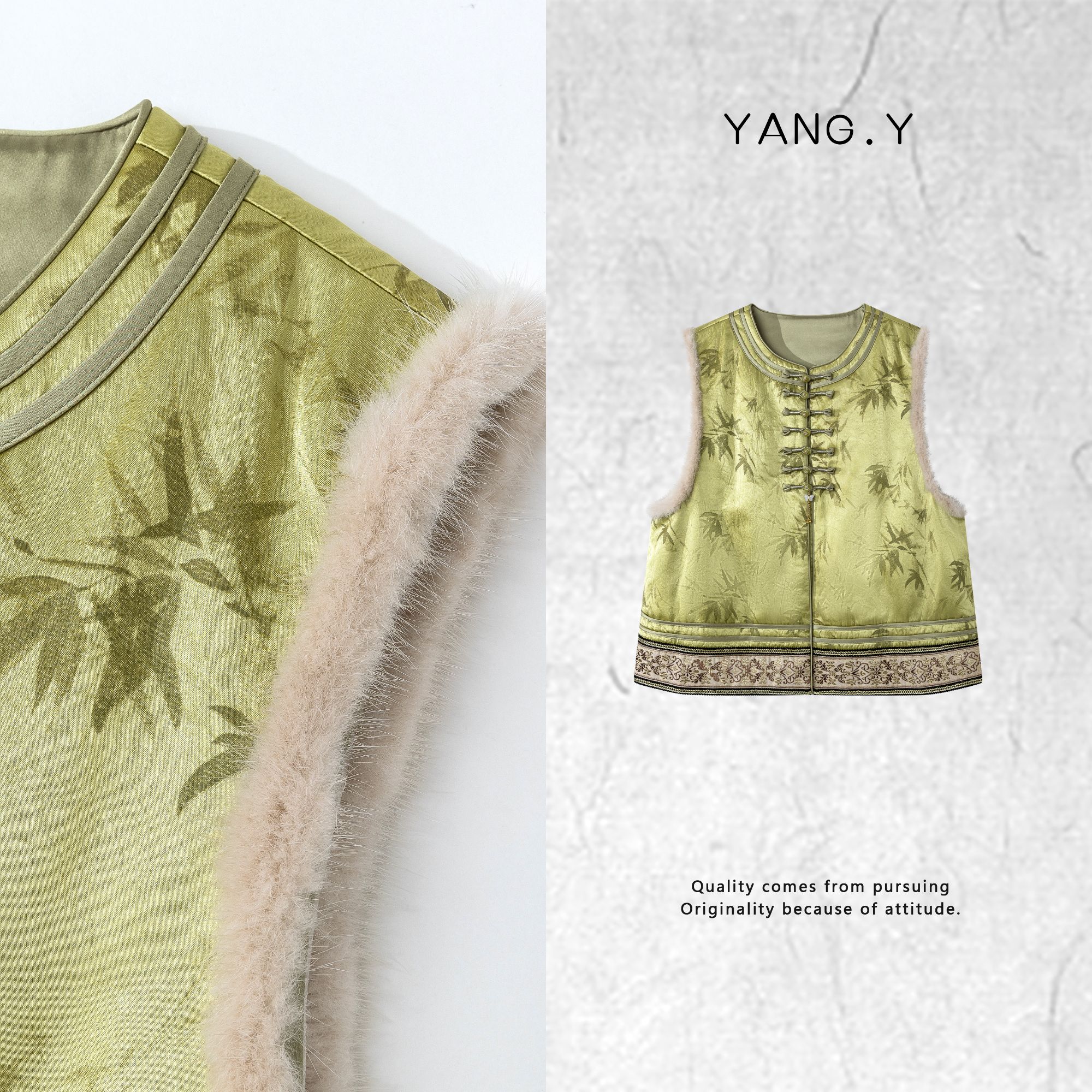 YANG.Y-【写意山水】深圳原创新中式国风女装醋酸水貂夹棉马甲91065