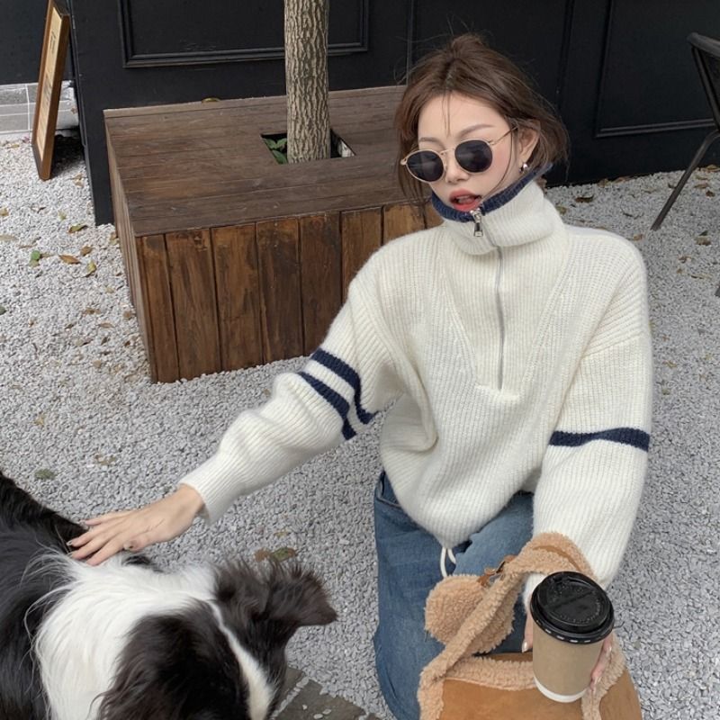 毛衣女秋秋冬百搭加厚慵懒学院风减龄休闲软糯加绒灰色高领针织衫