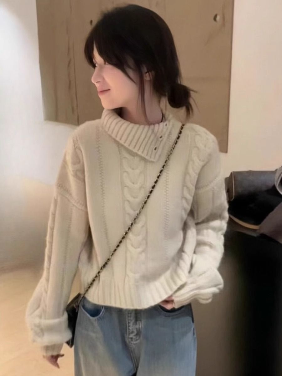 不规则领口带扣麻花高领毛衣女打底加厚百搭小个子短款针织衫上衣
