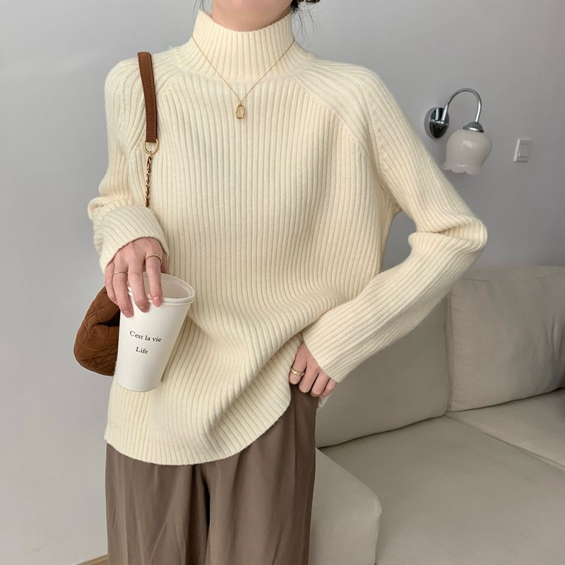 半高领坑条复古毛衣女2023秋冬宽松慵懒内搭上衣奶fufu打底针织衫