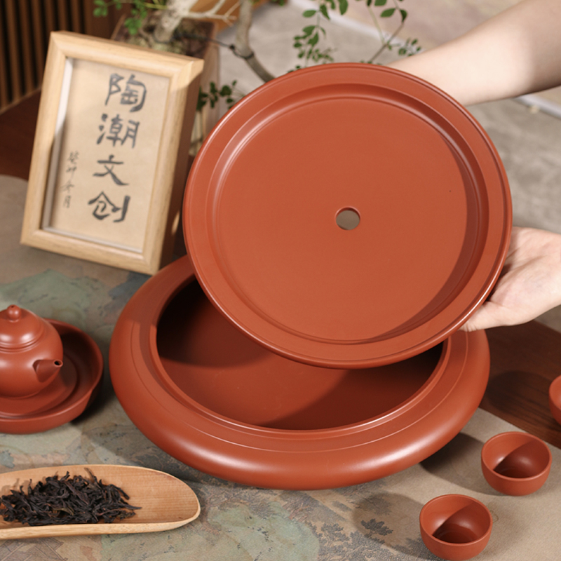 【晴紫阁】潮州工夫茶盘储水式红泥纯手工手拉茶盘圆形家用茶具