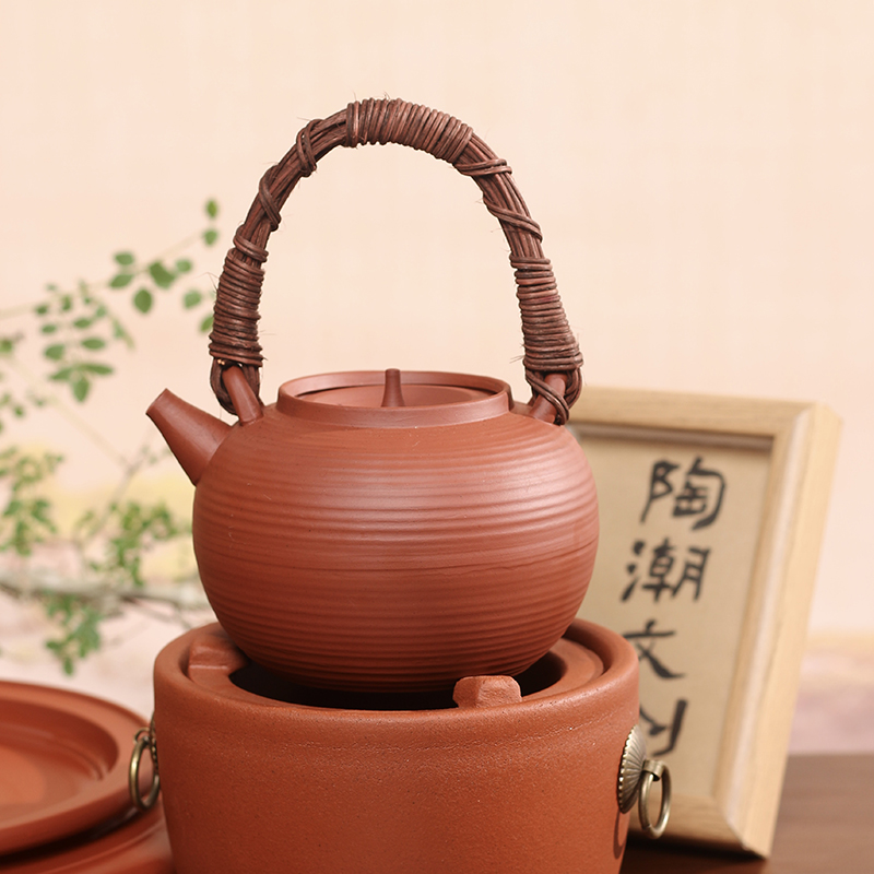 【晴紫阁】红泥手工藤条提梁砂铫茶室家用户外泡茶煮茶烧水壶家用陶