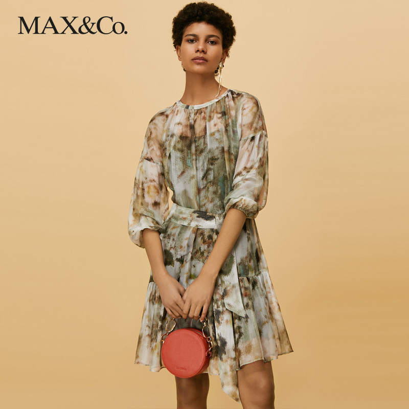 MAX&Co. 绉绸印花荷叶边长袖连衣裙气质碎花复古收腰显瘦maxco