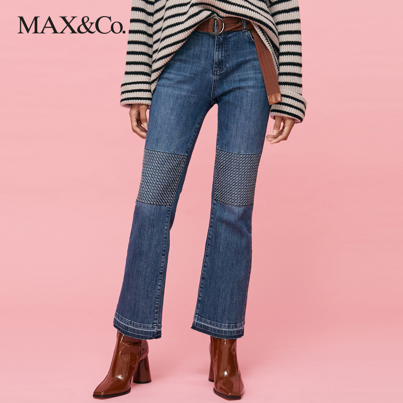 MAX&Co.新品弹性深色九分拼接微喇牛仔裤百搭女时尚复古显瘦maxco