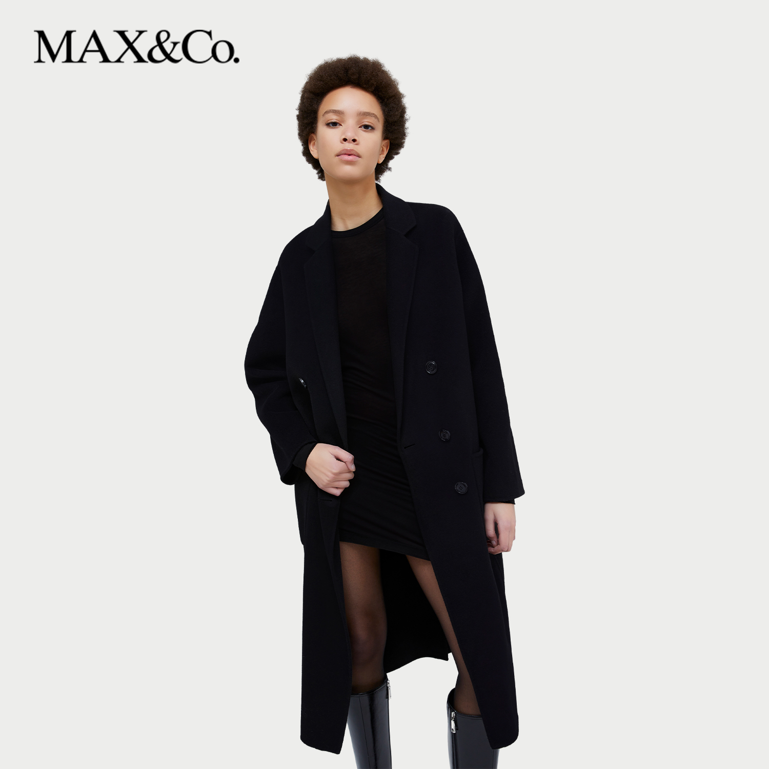 MAX&Co.2024秋冬新款翻领直筒羊毛混纺中长款大衣6016014302maxco