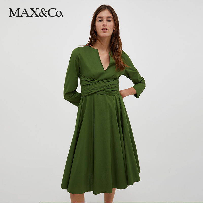 MAX&Co.2023春夏新款法式显瘦复古时尚棉府绸绿色V领连衣裙maxco