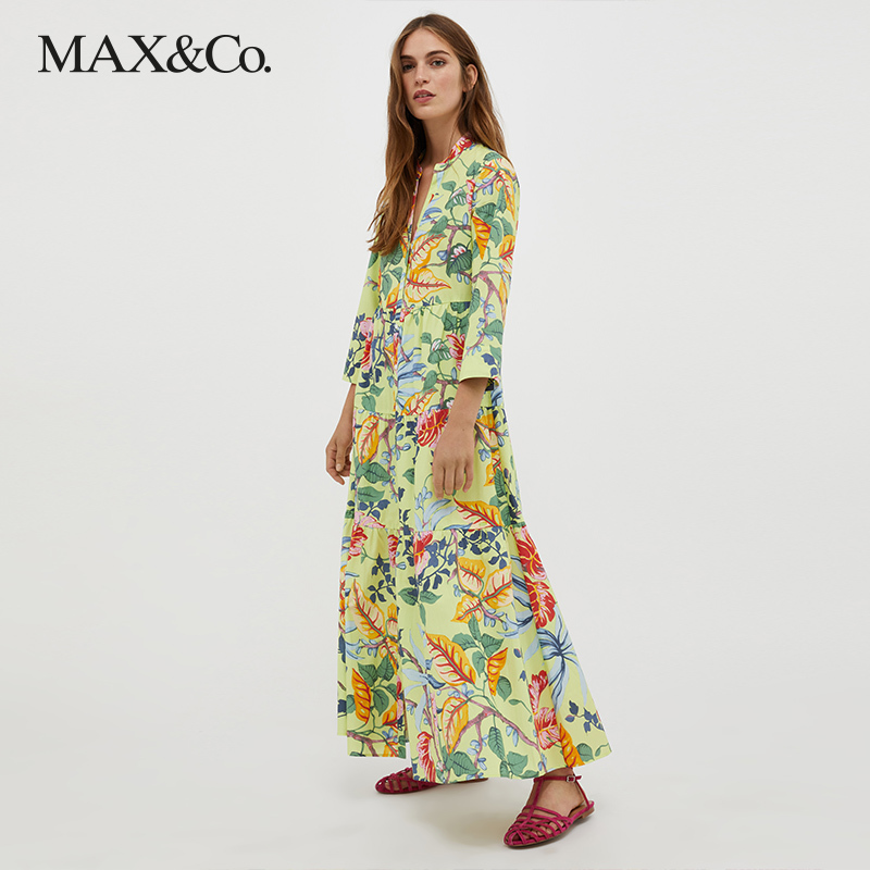 MAX&Co.2023春夏新款休闲优雅棉府绸衬衫式印花连衣裙碎花maxco