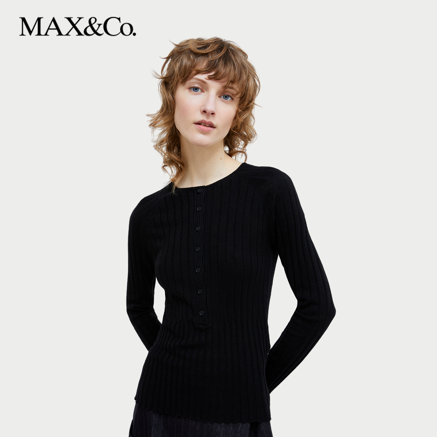MAXCo.秋冬女装薄款绵羊毛混纺爷爷领套头衫6366064302显瘦
