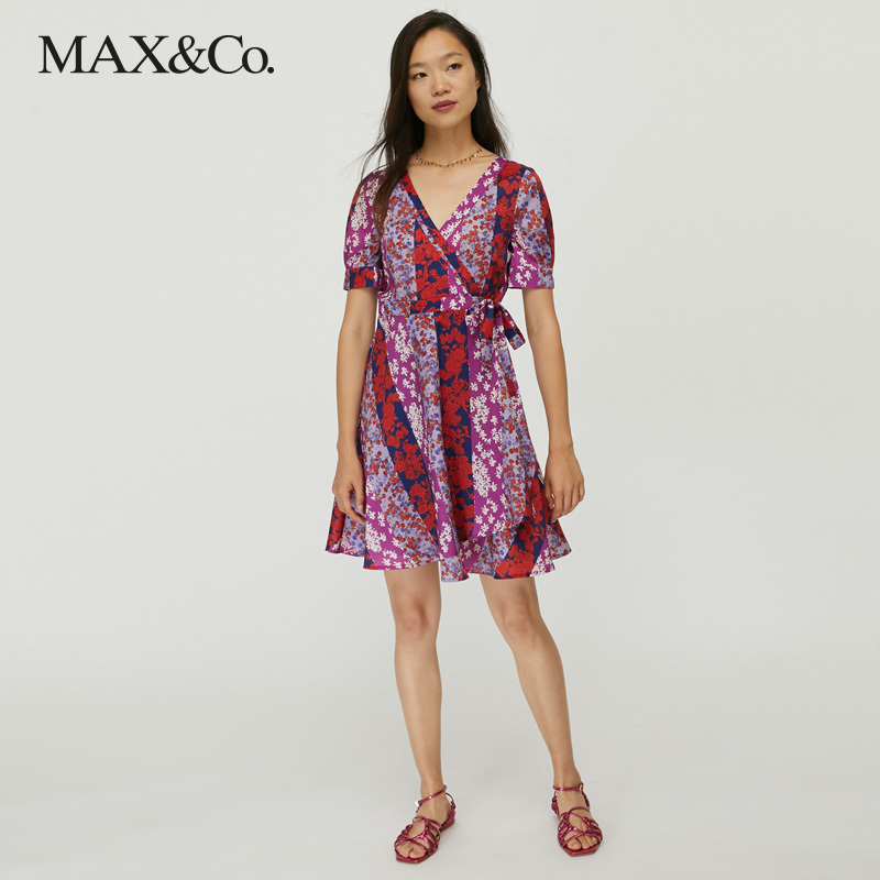 MAX&Co.夏季法式时尚复古气质碎花连衣裙收腰显瘦短裙裹身裙maxco