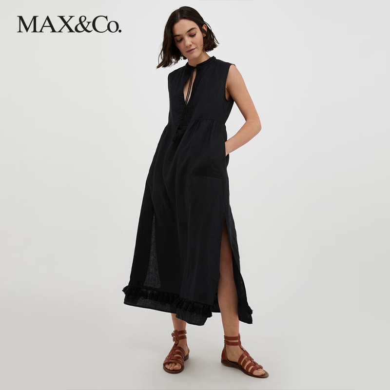 MAX&Co.夏季新款亚麻无袖纯色连衣裙设计师收腰优雅小黑裙女maxco