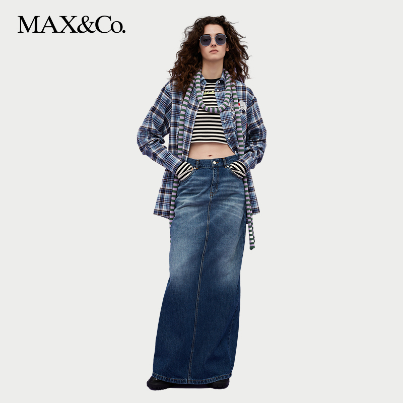 MAX&Co.2024新款 Looney Tunes长款牛仔开叉半身裙显瘦maxco