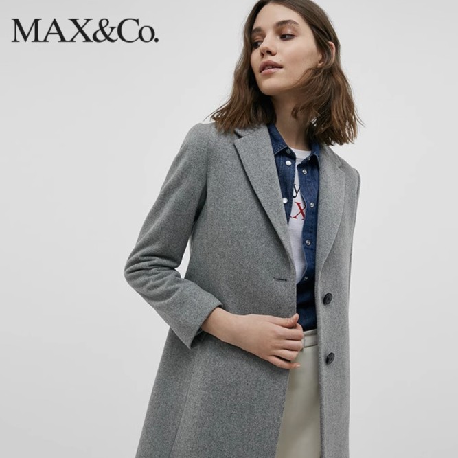 MAX&Co. 秋冬新款修身羊毛混纺大衣灰色简约中长款毛呢女士maxco