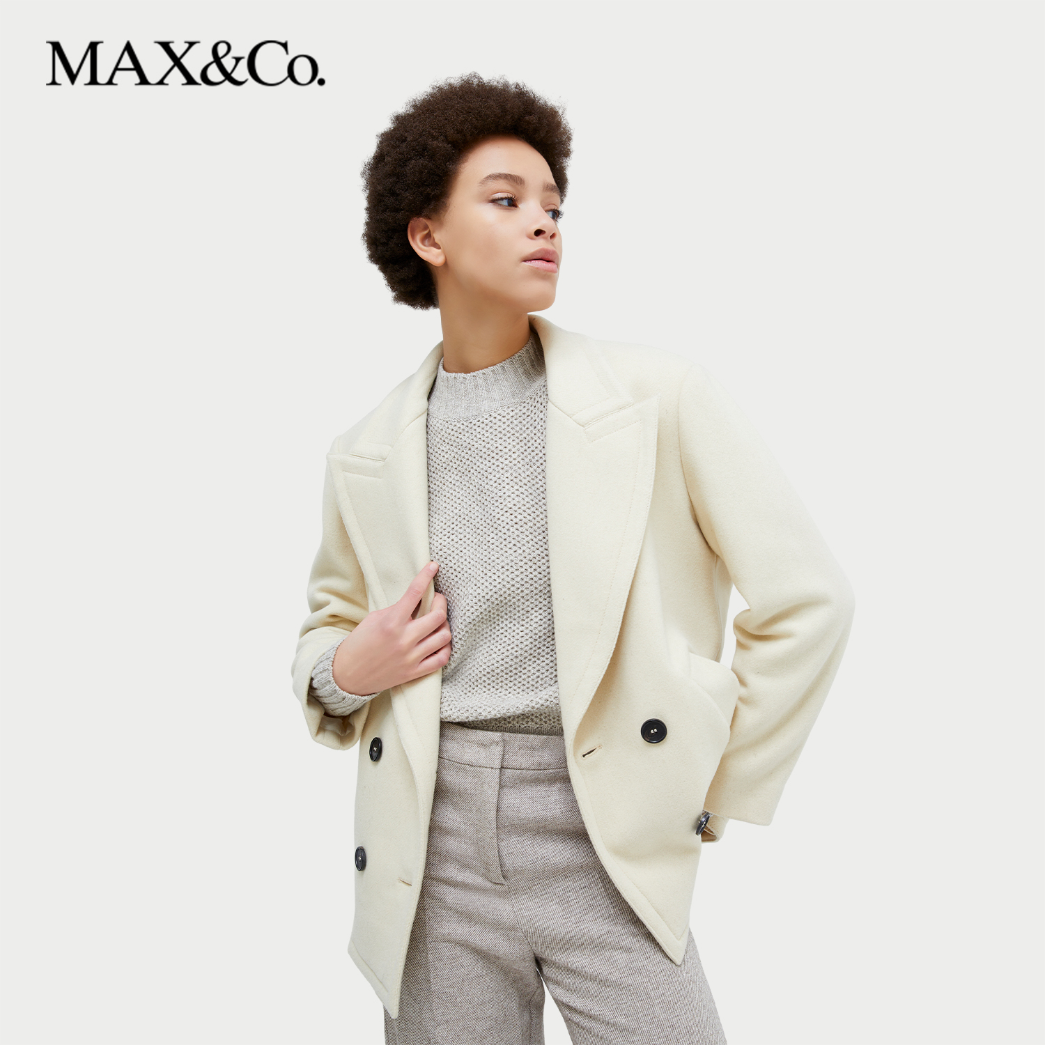 MAXCo.秋冬女装原色绵羊毛混纺水手毛呢大衣6086034402