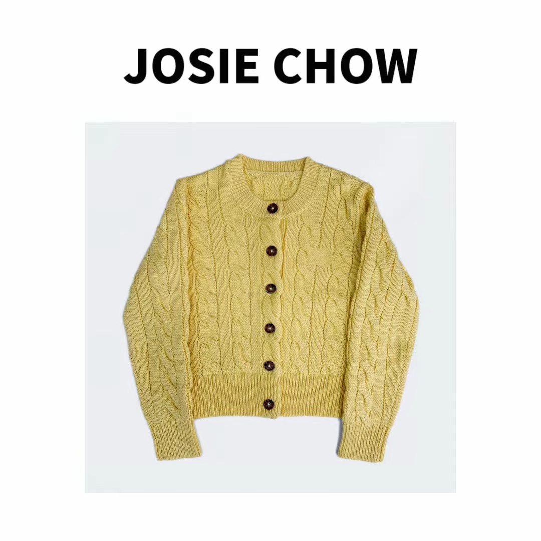 JOSIE CHOW【柠檬黄】秋冬小马刺绣麻花针织开衫。RL612001