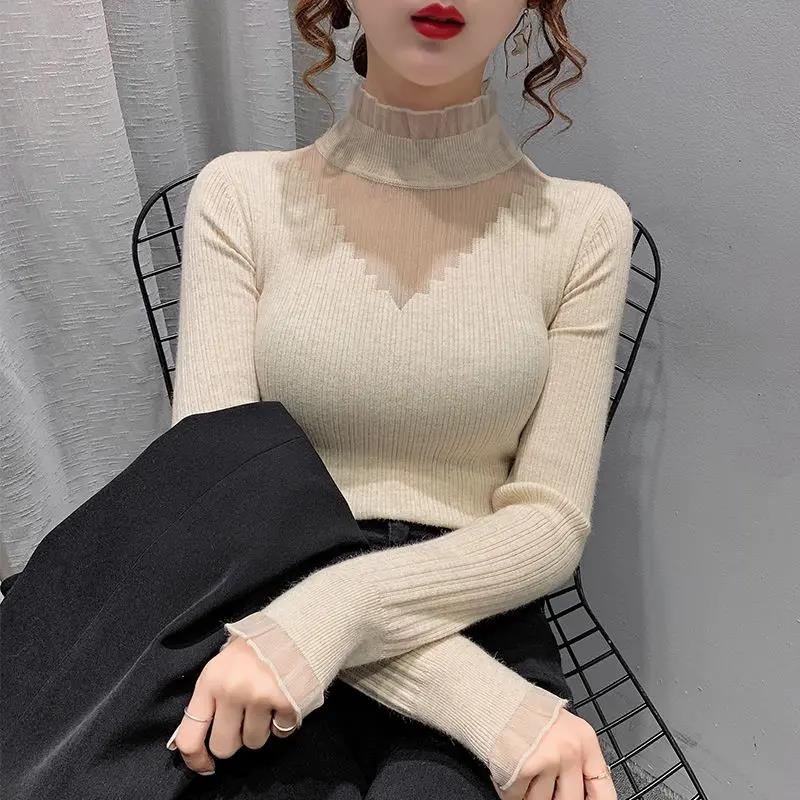 2023年新款秋冬蕾丝镂空半高领毛衣打底衫女内搭洋气针织衫上衣女