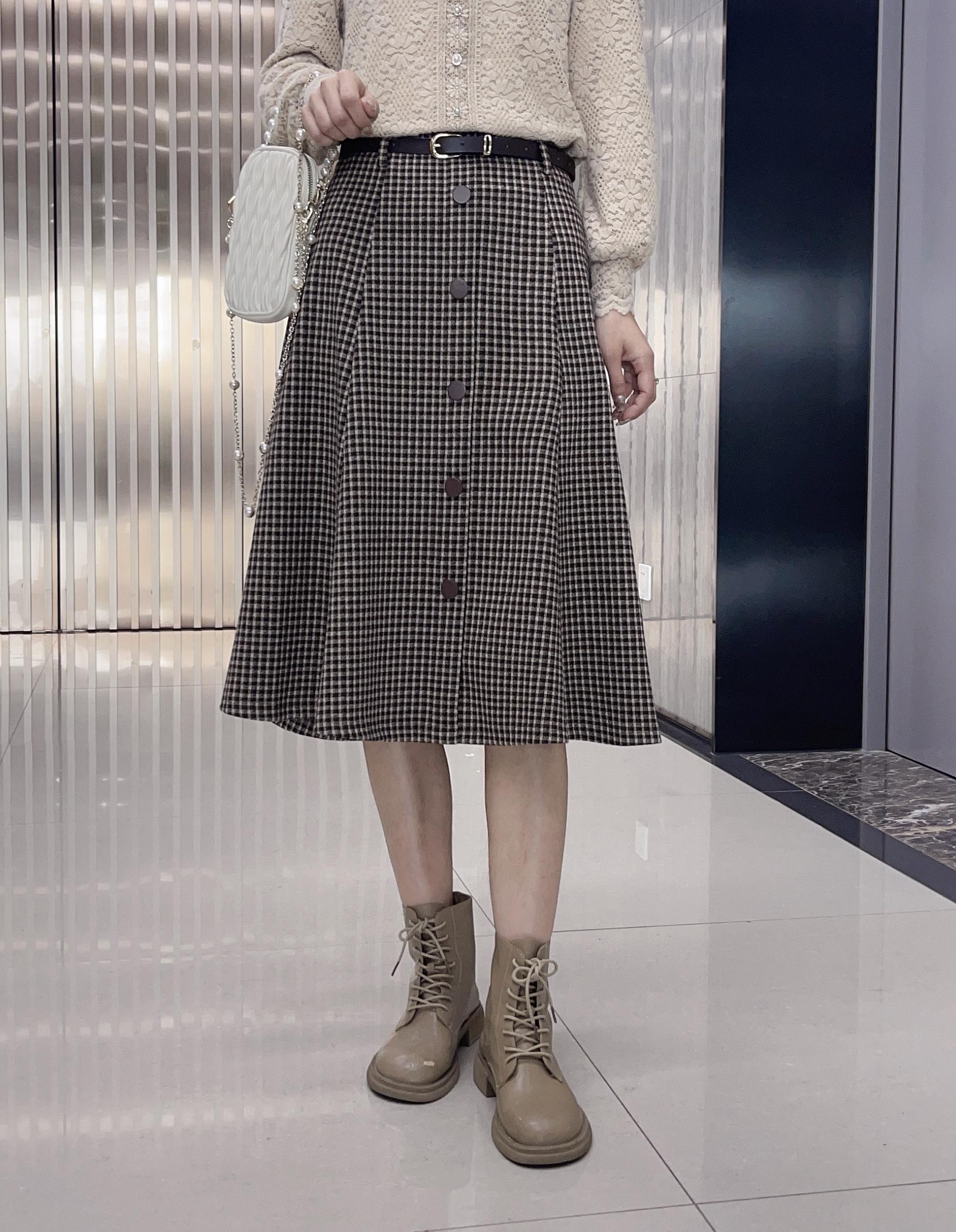 【兔姐衣橱】秋冬新款咖色千鸟格显瘦半身裙女遮胯显瘦a字裙