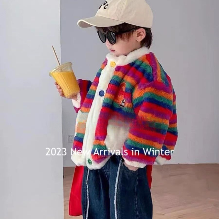 男童冬装套装2024新款韩版条纹毛毛外套加厚儿童棉服牛仔裤两件套