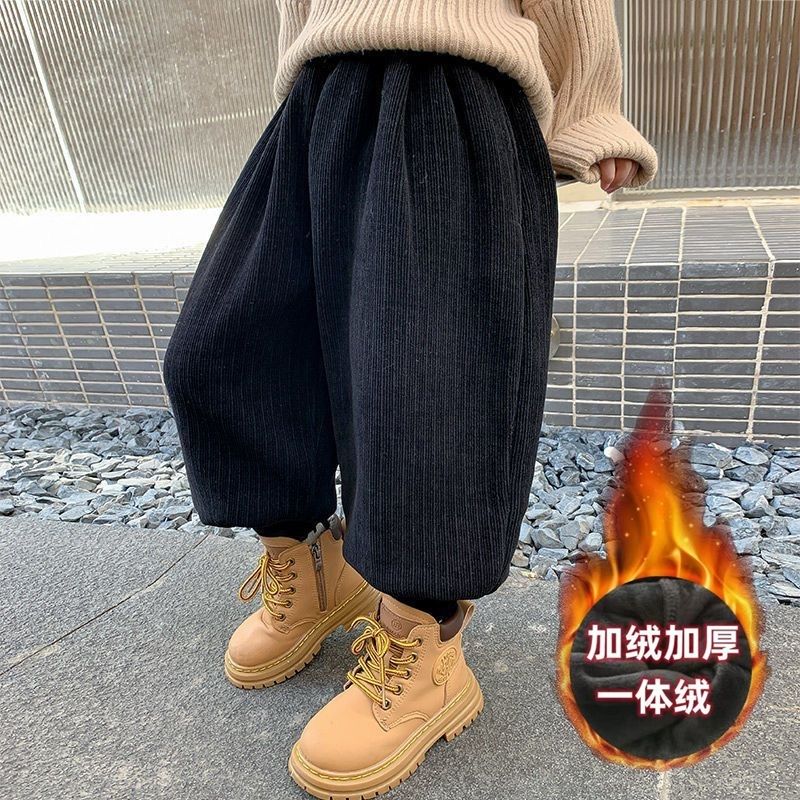 中小童加绒灯芯绒休闲裤男女童冬装宝宝加厚灯笼裤儿童一体绒长裤
