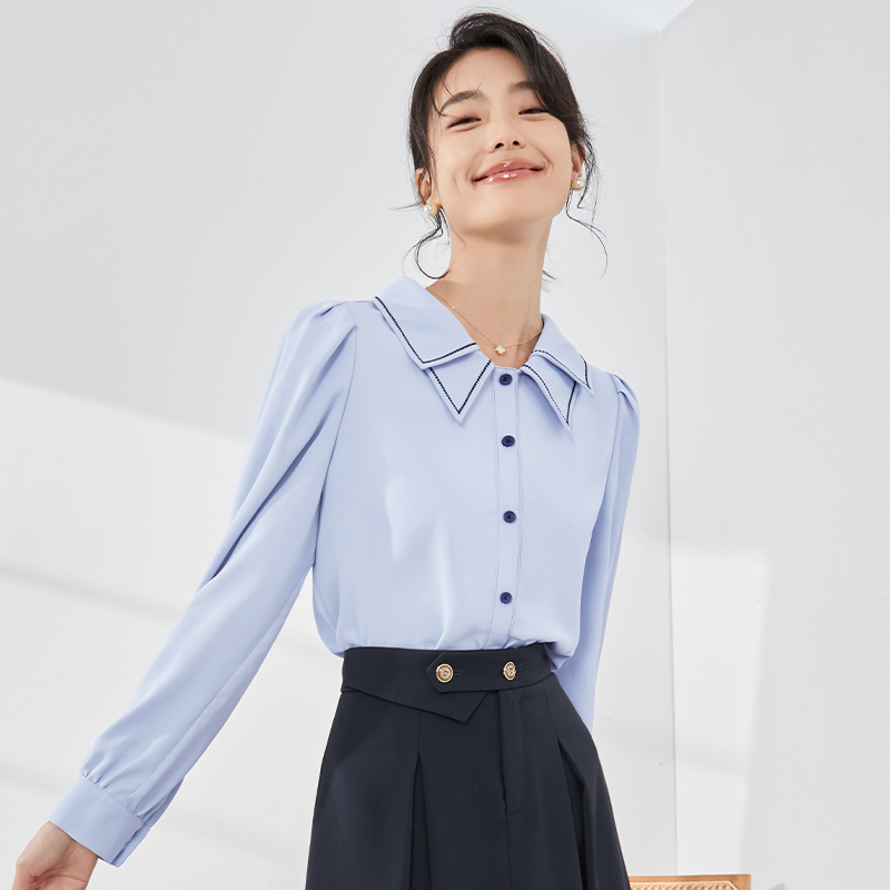 【叶子定制】衬衫女蓝色长袖2023秋季时尚宽松职业气质衬衣8393075