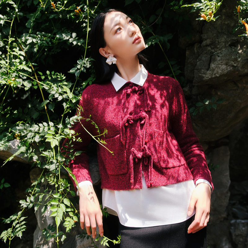 【轻暖国风】甜美绵羊毛秋冬针织开衫酒红色毛衣外套DOUBLOVE贝爱