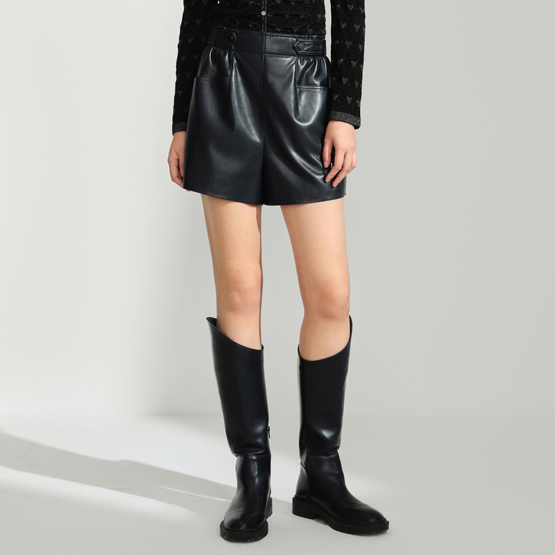 【柔软蛋白皮】PU花苞裤松紧高腰短裤DOUBLOVE贝爱2024秋冬新款