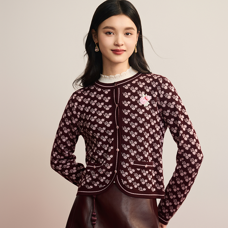 【专享】福禄双至新中式提花针织开衫甜美毛衣DOUBLOVE贝爱春季新款