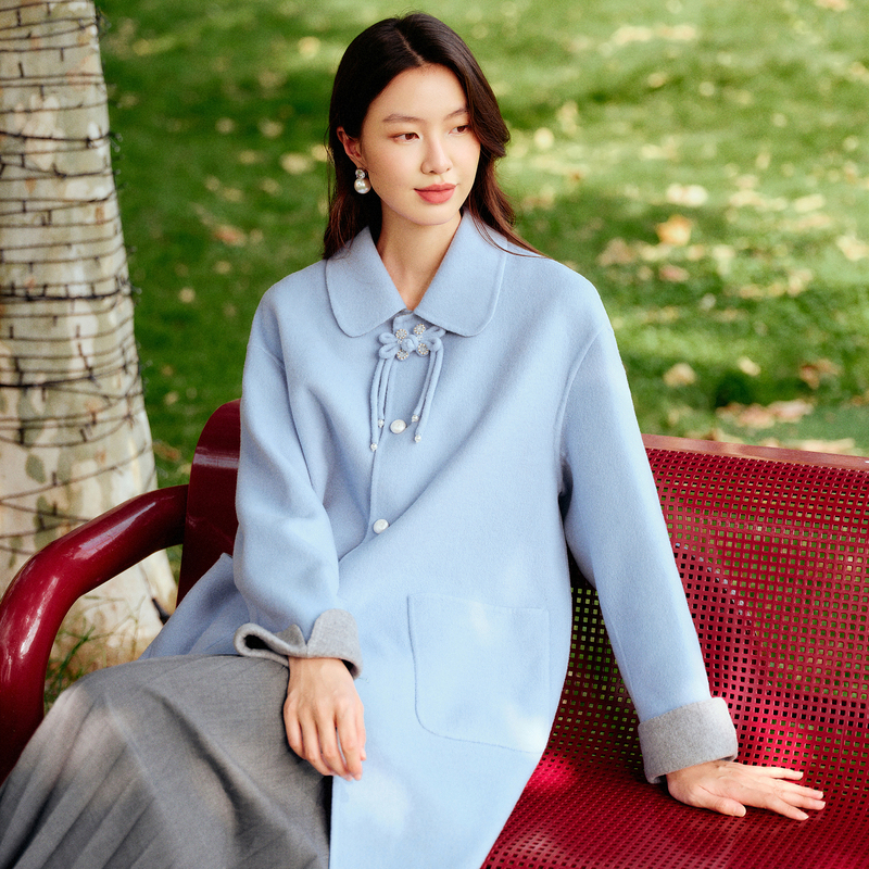 【甜美新中式】绵羊毛双面呢大衣国风长外套DOUBLOVE贝爱新款