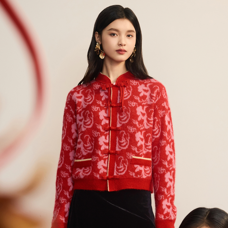 【氛围感国风】新中式提花针织开衫红色毛衣DOUBLOVE贝爱2025春新款