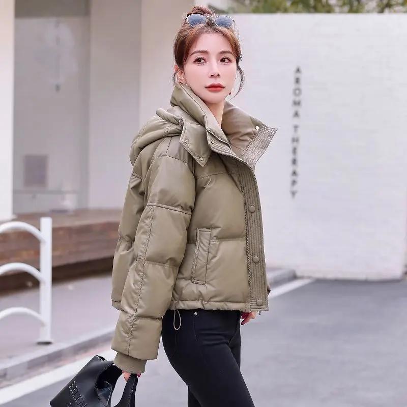 PU皮羽绒服女2023年冬季新款小个子免洗羽绒加厚保暖外套潮