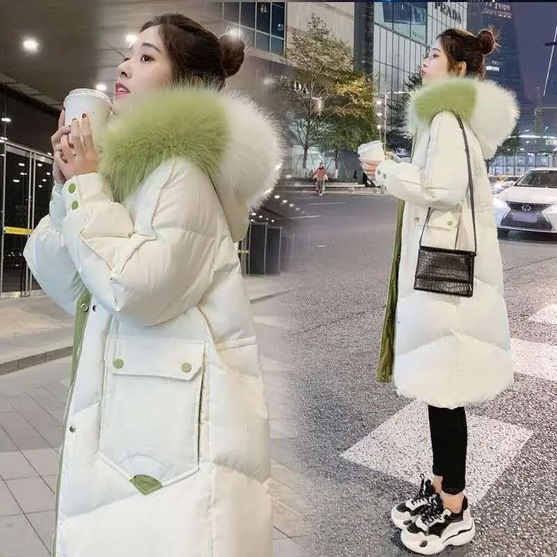 羽绒服女中长款新款冬装加厚棉袄韩版宽松撞色大毛领棉衣外套潮款