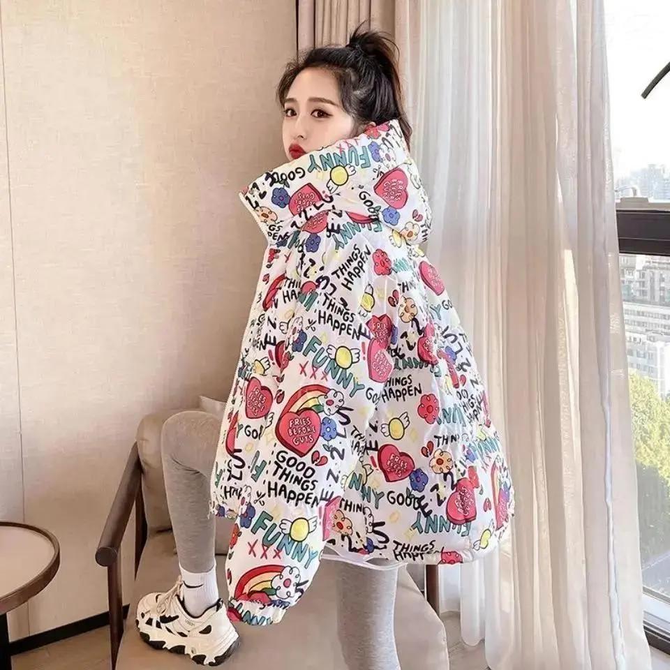 暖冬季反羽服女新款小个子加厚宽松冬装学生短款燕尾印花袄ins