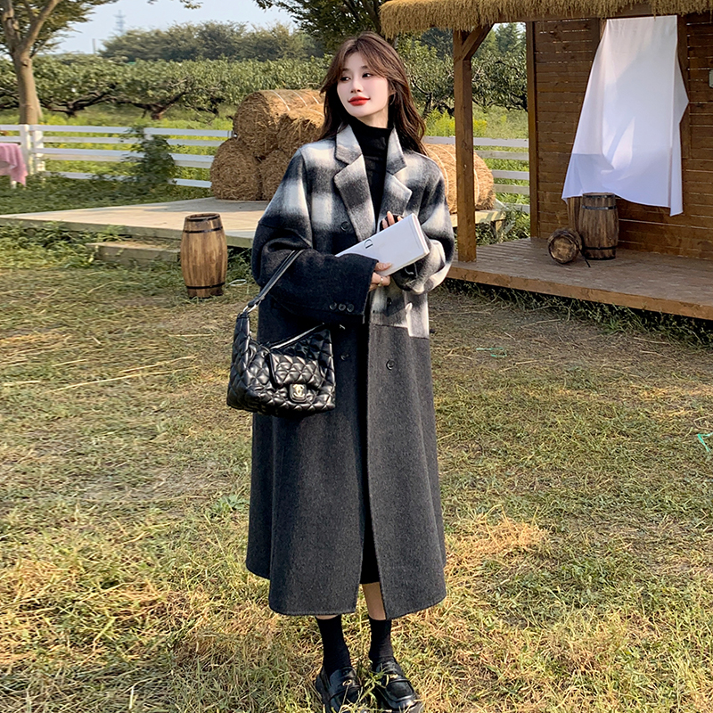 格纹拼接毛呢外套女2025新款秋冬季韩系高级感气质中长款呢子大衣