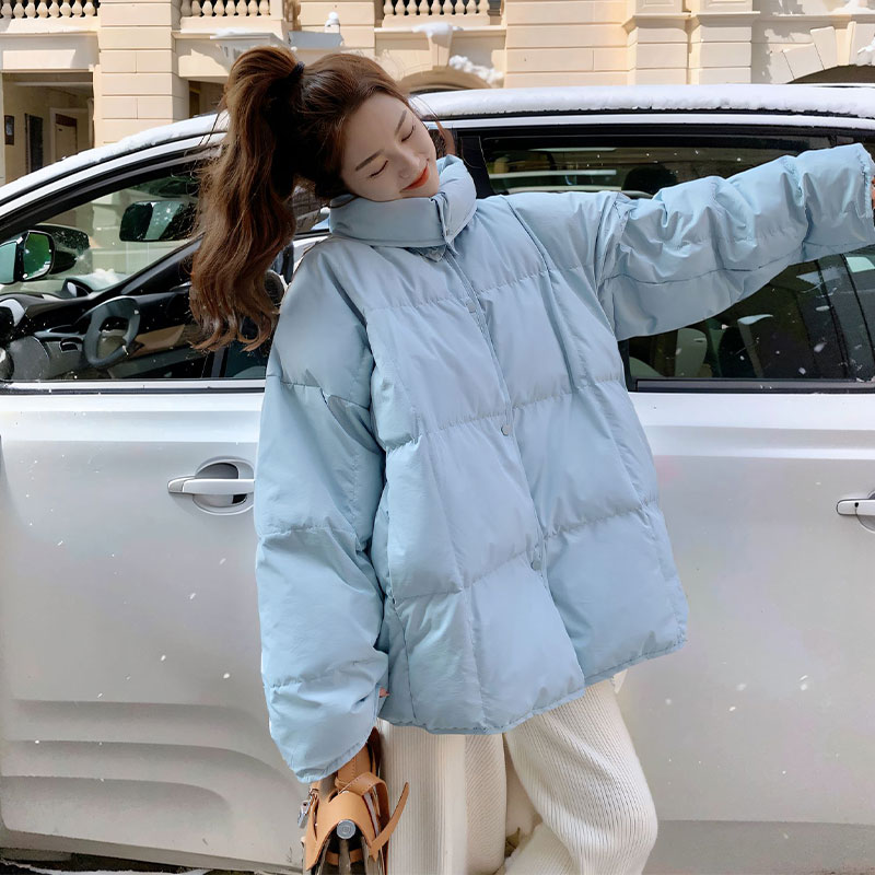 奶蓝色羽绒服女冬季2023新款韩版宽松小个子百搭加厚90白鸭绒外套