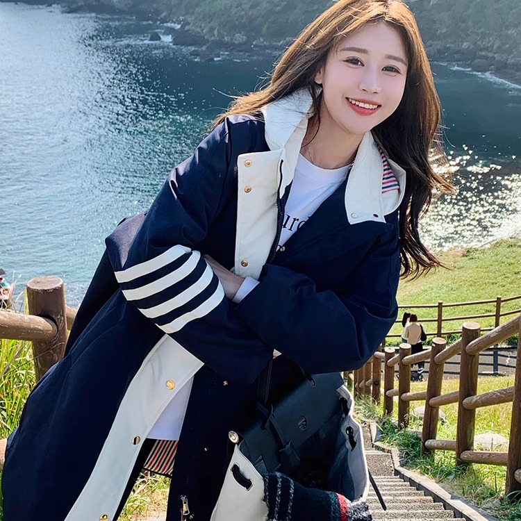 藏青色中长款四条杠派克服保暖羽绒服女冬季新款洋气90白鸭绒外套