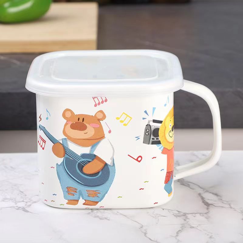 14CM搪瓷珐琅方杯家用可爱泡面杯大容量带盖小汤锅带刻度保鲜杯