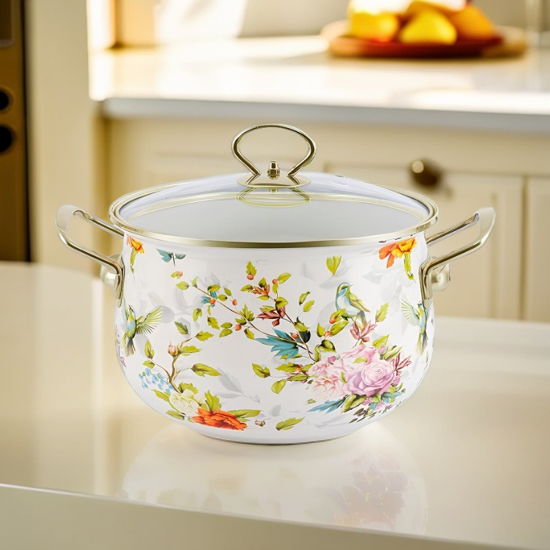 22CM花鸟搪瓷珐琅炖锅加厚高颜值炖锅可视盖子汤锅