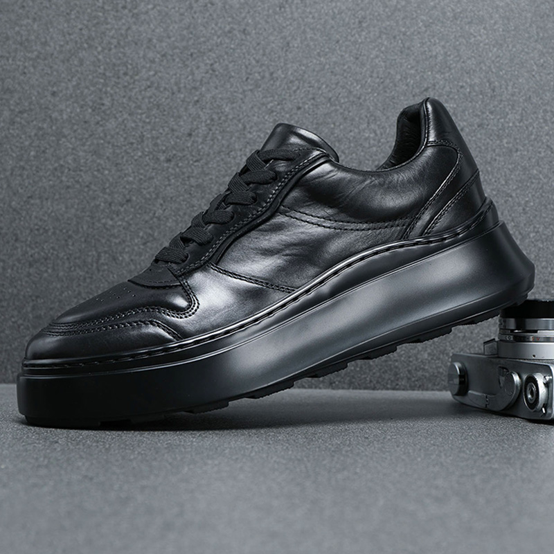 欧洲站高端男鞋头层牛皮运动休闲皮鞋男厚底黑武士增高鞋子男板鞋