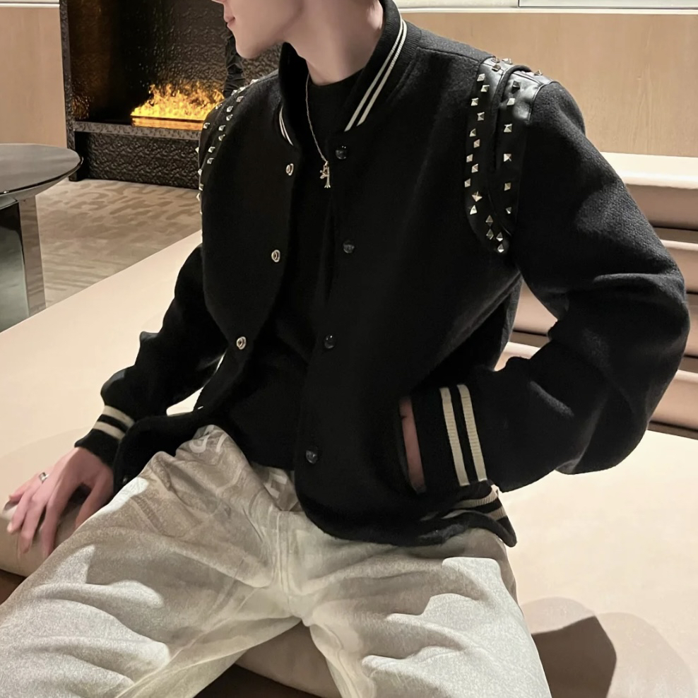 Saint Laurent/圣罗兰/46码/铆钉拼皮羊毛棒球外套/97新氧化10201
