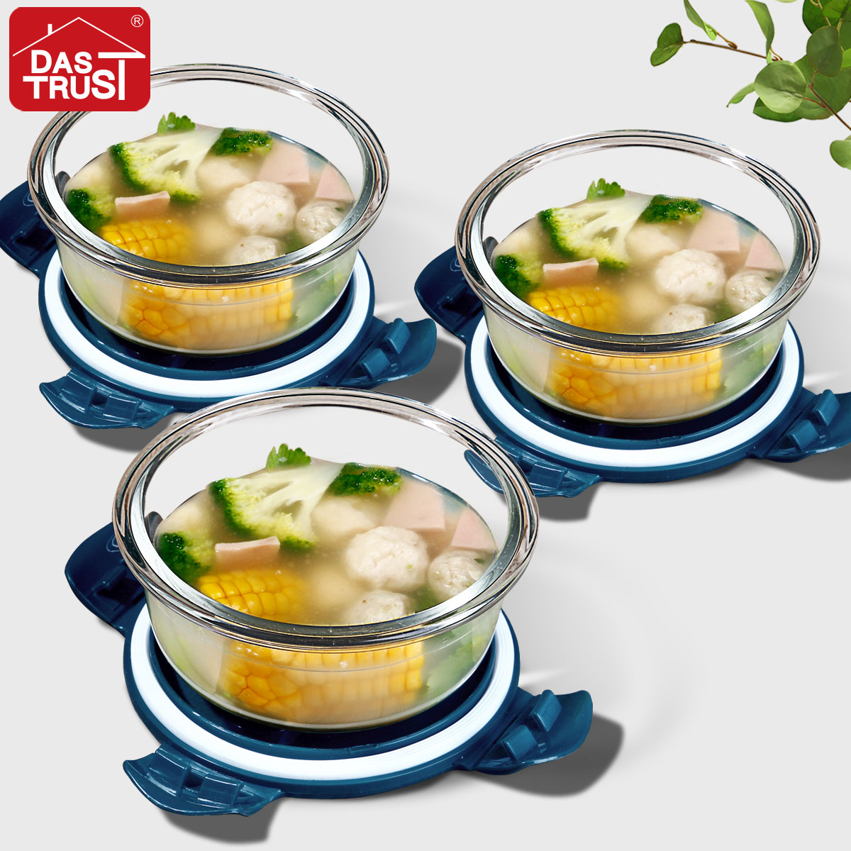 创得透明气阀盖盖星海蓝圆650mL*3件套微波耐热玻璃饭盒