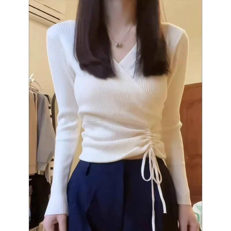 不规则设计抽绳V领针织毛衣女秋冬内搭打底衫修身别致绝美长袖女