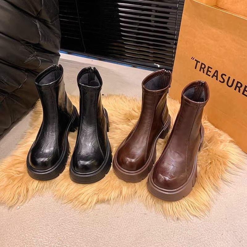 瘦瘦厚底增高马丁靴女2024秋冬新款英伦风百搭粗跟网红潮款短靴子