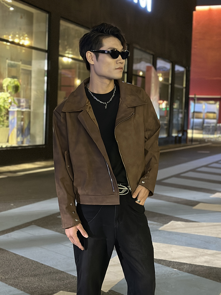 小众设计感短款垫肩外套男潮牌高级感痞帅翻领cleanfit机车服夹克