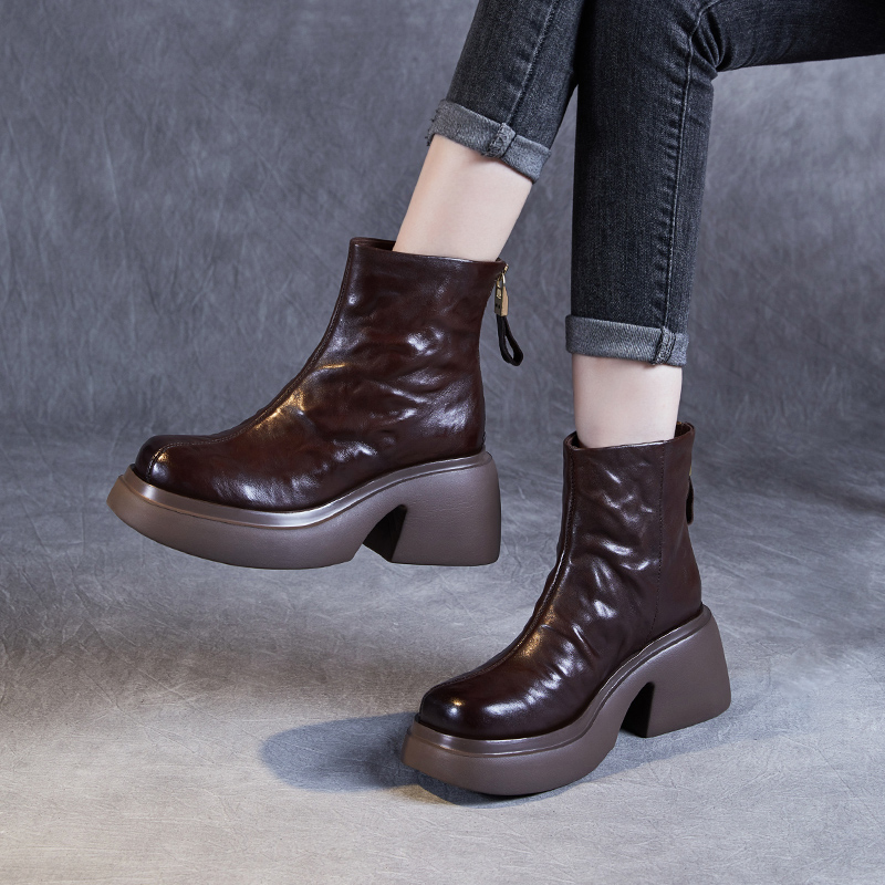 【老曾手工】秋冬新款厚底粗跟欧美风骑士靴后拉链马丁靴高跟女短靴