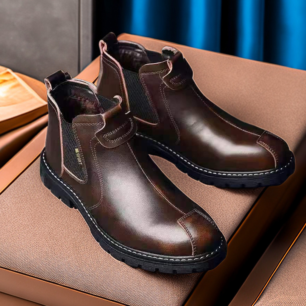男士高帮皮鞋真软皮冬季新款马丁靴时尚加绒复古靴休闲皮靴潮鞋男