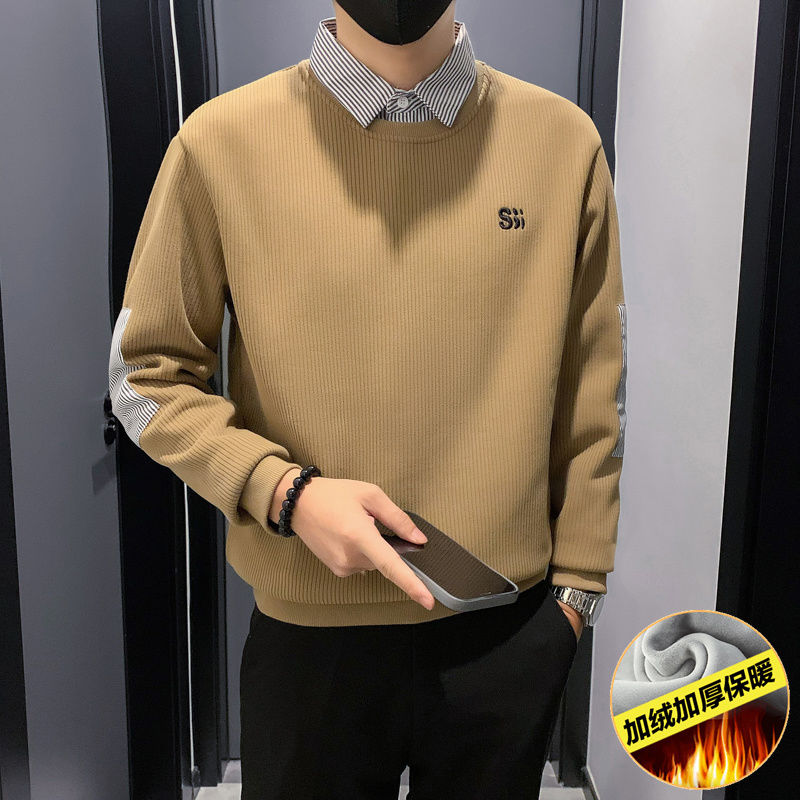 衬衫领卫衣男加绒加厚假两件针织衫长袖2023新款秋冬款内搭T恤潮t